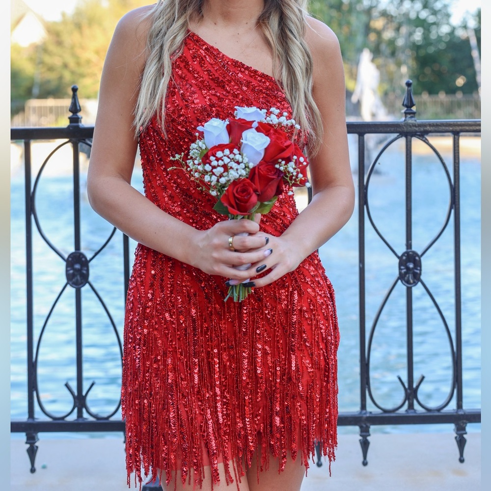 Beaded Sherri Hill one shoulder red dress